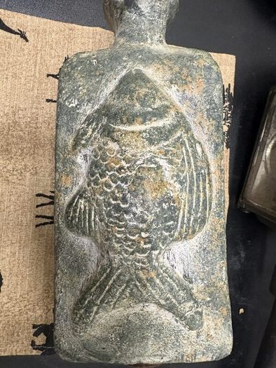 Vintage Fish-Design Pottery Bottle Vase Rustic Green Finish