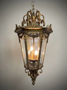 Large French Gilded Bronze Hall Lantern with Cut Glass Panels