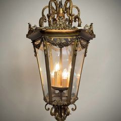 Large French Gilded Bronze Hall Lantern with Cut Glass Panels