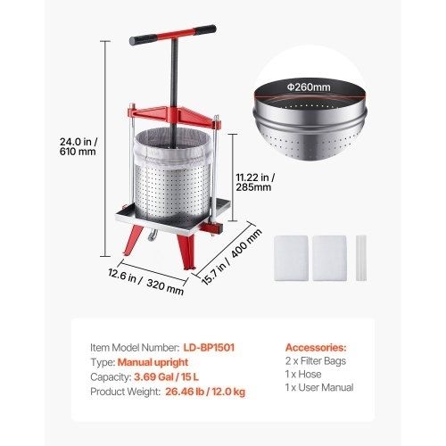 Fruit Wine Press, 3.96Gal/15L, Stainless Steel Manual Juice Maker, Heavy Duty T-Shaped Handle & Cross-beam for Cider Apple Grape Vegetable Press, with 2 Filter Bags, for Kitchen Home Brewing