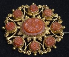 Antique Chinese Export 18ct Gold Carved Coral Brooch | Possibly Late Qing / Early Republic | Tested