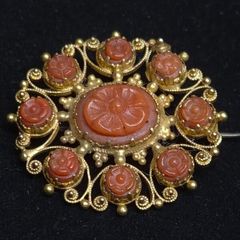 Antique Chinese Export 18ct Gold Carved Coral Brooch | Possibly Late Qing / Early Republic | Tested