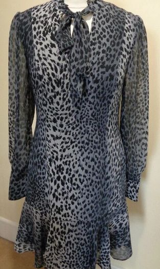 Karen Millen Grey and Black Animal Print Dress with Tie Neck Detail