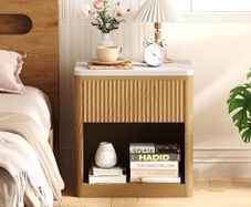 Night Stand, Wood Fluted Nightstand, 22 Large Bedside Table End Table with Faux Marble Top, Modern Night Stands with Drawer Storage for Bedroom Living Room, Natural Oak