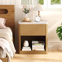 Night Stand, Wood Fluted Nightstand, 22 Large Bedside Table End Table with Faux Marble Top, Modern Night Stands with Drawer Storage for Bedroom Living Room, Natural Oak