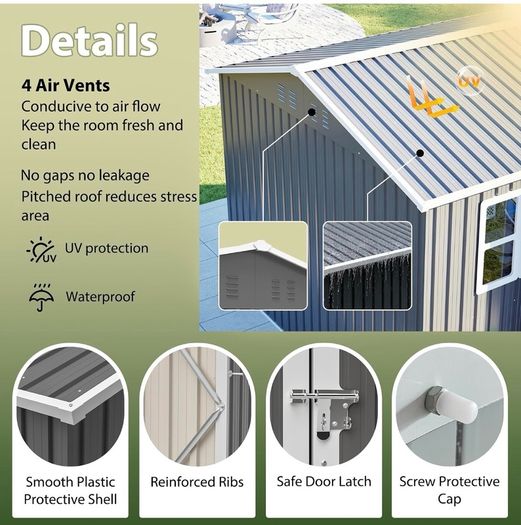 8 x 10 ft Outdoor Storage Shed Galvanized Metal Bike Shed, Tiny House Garden Tool Storage with Air Vent and Slide Door for Backyard Patio Lawn, Gray