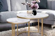 Removable Set of 2 End Table, Nesting Tables with Gold Metal Frame Legs and Marble White Top for Living Room, Bedroom, Office, Balcony, Apartment (White