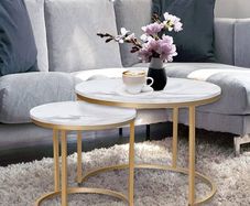 Removable Set of 2 End Table, Nesting Tables with Gold Metal Frame Legs and Marble White Top for Living Room, Bedroom, Office, Balcony, Apartment (White