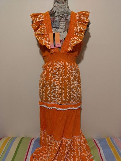 RIVER ISLAND Orange floral frill detail beach maxi dress,  NEW WITH TAGS