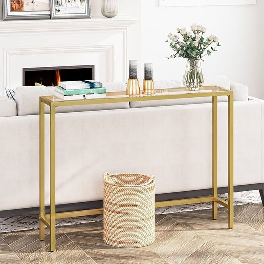 Gold Console Table for Hallway Slim, 100 cm Tempered Glass Sofa Table, Slim Hallway Table, Glass Console Table, Modern Display Table for Living Room, Entryway, Metal Frame