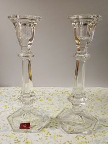 Pair of Vintage Cavan Crystal Candlestick Holder with Hexagonal Base.