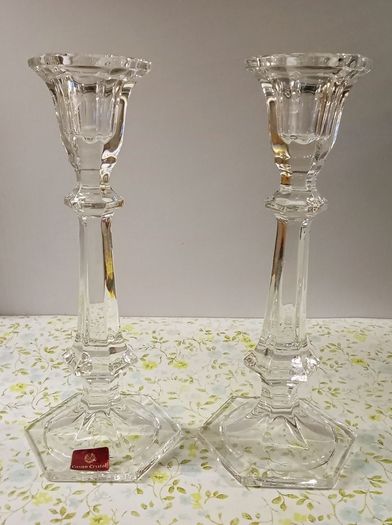 Pair of Vintage Cavan Crystal Candlestick Holder with Hexagonal Base.