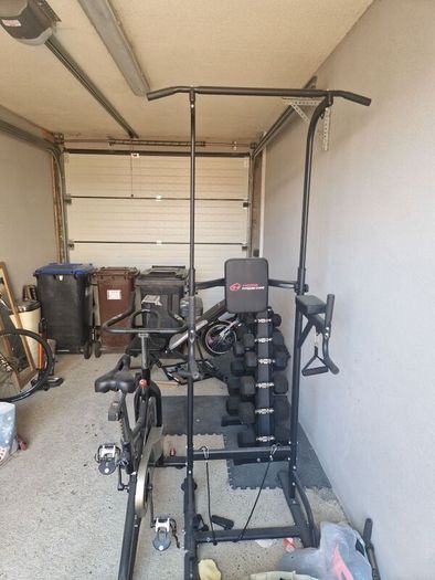 home gym dumbells bench pull up dip bar and bike