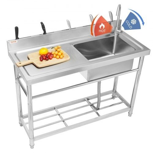 Stainless Steel Utility Sink, 1 Compartment Free Standing Small Sink w/Workbench Faucet & legs, 119.88 x 50.04 x 95 cm Commercial Single Bowl