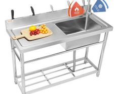 Stainless Steel Utility Sink, 1 Compartment Free Standing Small Sink w/Workbench Faucet & legs, 119.88 x 50.04 x 95 cm Commercial Single Bowl