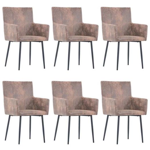 Dining Chairs with Armrests 6 pcs Brown Faux Suede Leather