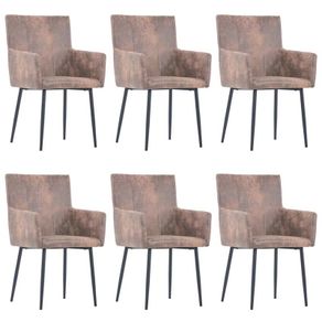 Dining Chairs with Armrests 6 pcs Brown Faux Suede Leather