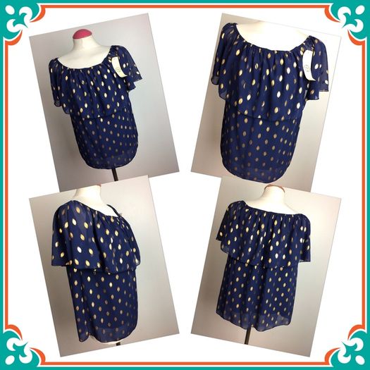 Navy blue & gold print chiffon off shoulder blouse top BNWTS size 12 including postage