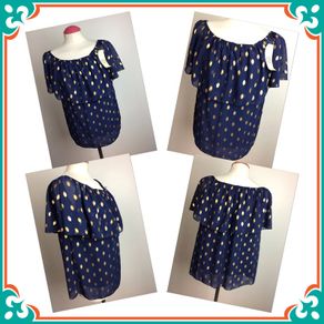 Navy blue & gold print chiffon off shoulder blouse top BNWTS size 12 including postage
