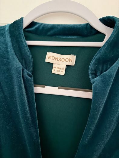 Monsoon Veronique Teal Velvet Bow Midi Dress - size UK 8