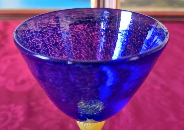 Murano Style Cobalt Blue And Yellow Glass Stemmed Goblet