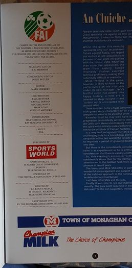 Republic Of Ireland V Russia: International Match Program, 1996