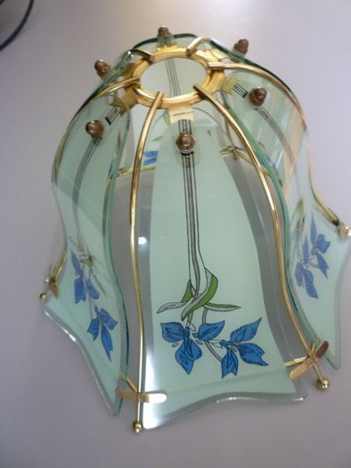 Glass Ceiling Light Shade Frosted Grey, Blue & Green, Gold Trim. SUPER CONDITION