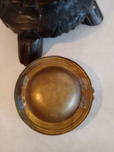 Vintage Hand Carved Wood Floor Ashtray. Brass Insert.