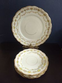Lovely Set of Six Vintage Shabby Chic Floral Tea Plates and Matching Cake Plate by Rose China AD1820, Manchester,  in Delicate Floral Swags Pattern with Yellow and Pink Roses