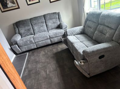 New 3+2 Grey Montana Fabric Recliner Sofa With Hidden Cupholders