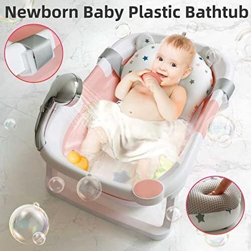 Baby Bath Tub Foldable Bathtub, Newborn Baby Plastic Bathtub with cushion pad Foldable Anti-Slip legs Collapsible tub for Toddler Baby kids Bathing