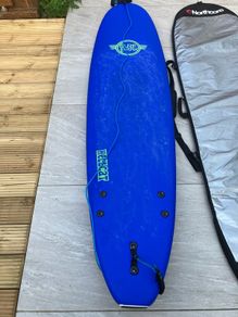 surfboard, bag and leash