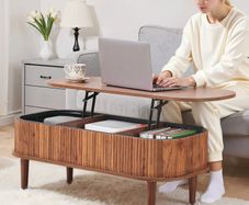 Lift Top Coffee Table, Fluted Oval Coffee Table with 3 Hidden Compartment, Mid Century Wooden Oval Center Desk with Storage