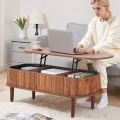 Lift Top Coffee Table, Fluted Oval Coffee Table with 3 Hidden Compartment, Mid Century Wooden Oval Center Desk with Storage