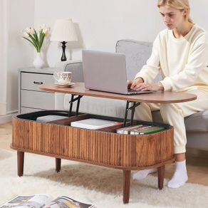 Lift Top Coffee Table, Fluted Oval Coffee Table with 3 Hidden Compartment, Mid Century Wooden Oval Center Desk with Storage