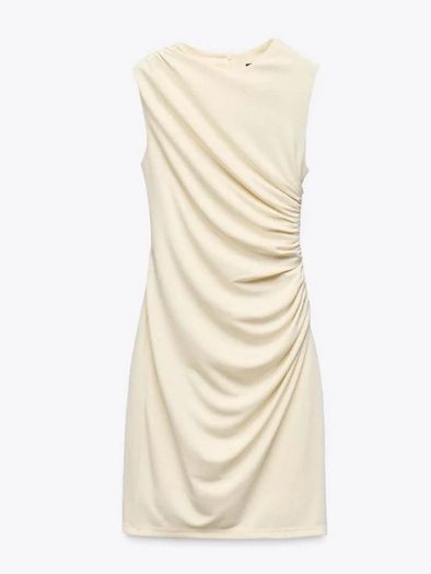 Unworn- Cream short gathered dress ZARA-Ruched Sleeveless, body con, Bodycon
