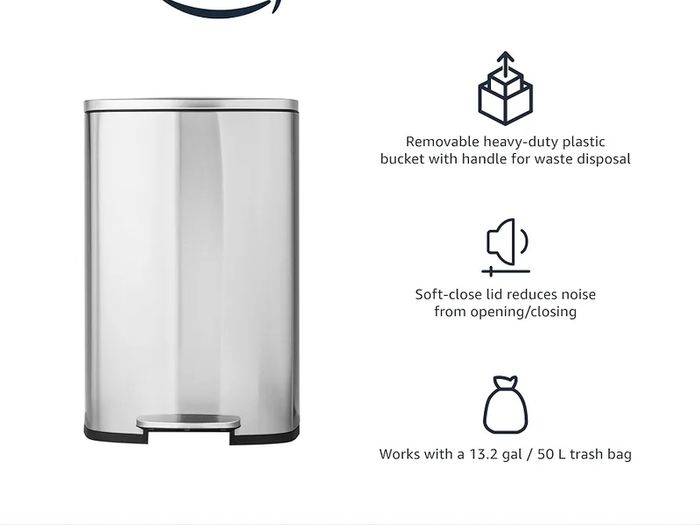 Rectangular Kitchen Pedal Bin with Steel Bar Pedal, Soft-Closing Mechanism, Brushed Stainless Steel, 50 L