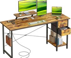 Computer Desk with Drawers & Power Outlets, 140x50cm Home Office Desk with Monitor Stand, Gaming Table with Reversible Storage Shelf