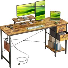 Computer Desk with Drawers & Power Outlets, 140x50cm Home Office Desk with Monitor Stand, Gaming Table with Reversible Storage Shelf