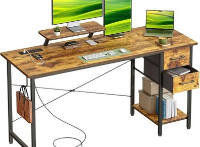 Computer Desk with Drawers & Power Outlets, 140x50cm Home Office Desk with Monitor Stand, Gaming Table with Reversible Storage Shelf