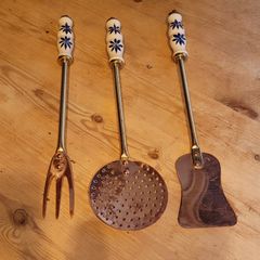 Mid-century trio of brass & copper utensils with ceramic handles