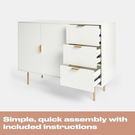 Cream Sideboard Storage Cabinet, Decorative Ribbed Wooden Buffet Storage Cabinet with 2 Doors and 3 Drawers Living Room Hallway Kitchen Sideboard, 120 x 40 x 77cm