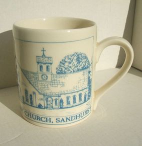 IMMACULATE CONCEPTION CHURCH, SANDHURST (with parish seal?) - special issue mug with view of the RC church at Sandhurst (c.1998)