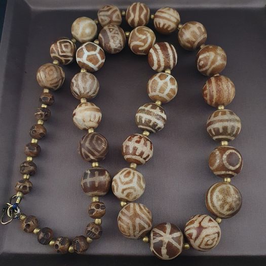 Burmese Antique Pumtek Pyu & Skull Shape Beads Necklace 26 inches