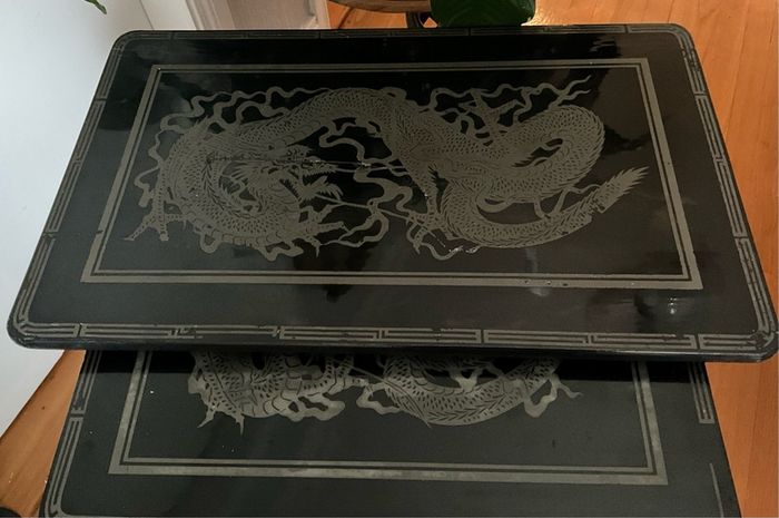 Vintage Oriental Set of 4 Black Lacquered Nest of Tables