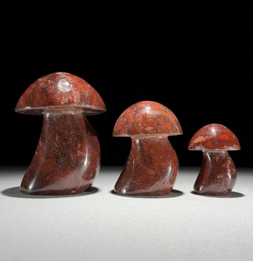 3 Hand-Carved Red Jasper Mushroom Sculptures - Natural Stone