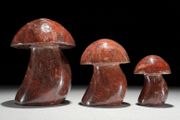 3 Hand-Carved Red Jasper Mushroom Sculptures - Natural Stone