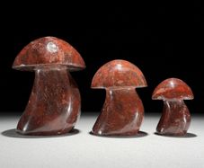 3 Hand-Carved Red Jasper Mushroom Sculptures - Natural Stone