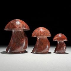 3 Hand-Carved Red Jasper Mushroom Sculptures - Natural Stone
