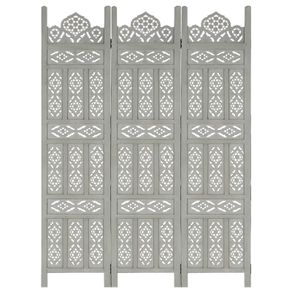 Hand carved 3-Panel Room Divider Grey 120x165 cm Solid Mango Wood